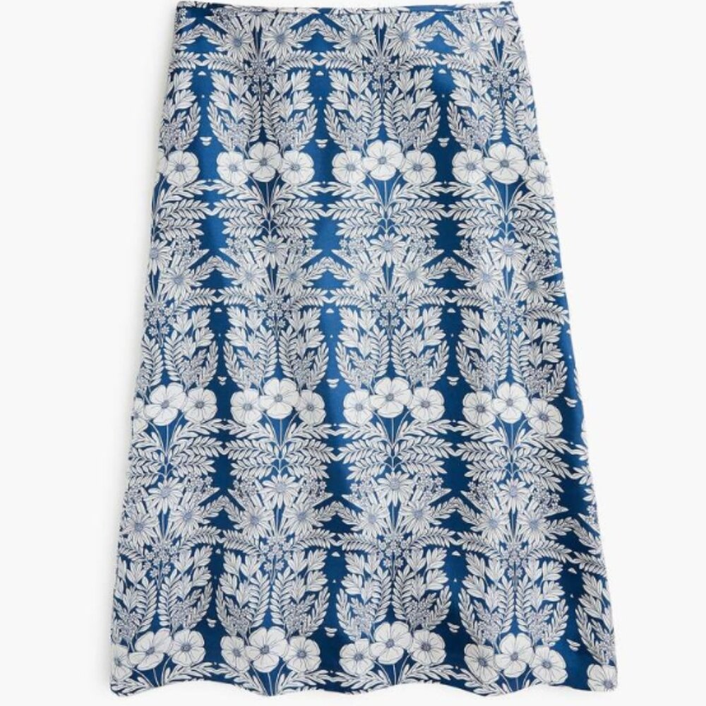 J.Crew x Abigail Borg - Silk Slip Skirt J4362 | Size 0: Blue & White Lace Floral
